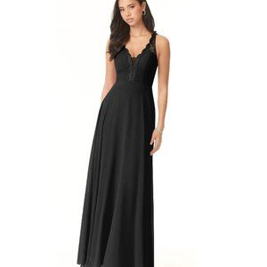 Azazie black long open-back gown with lace bodice